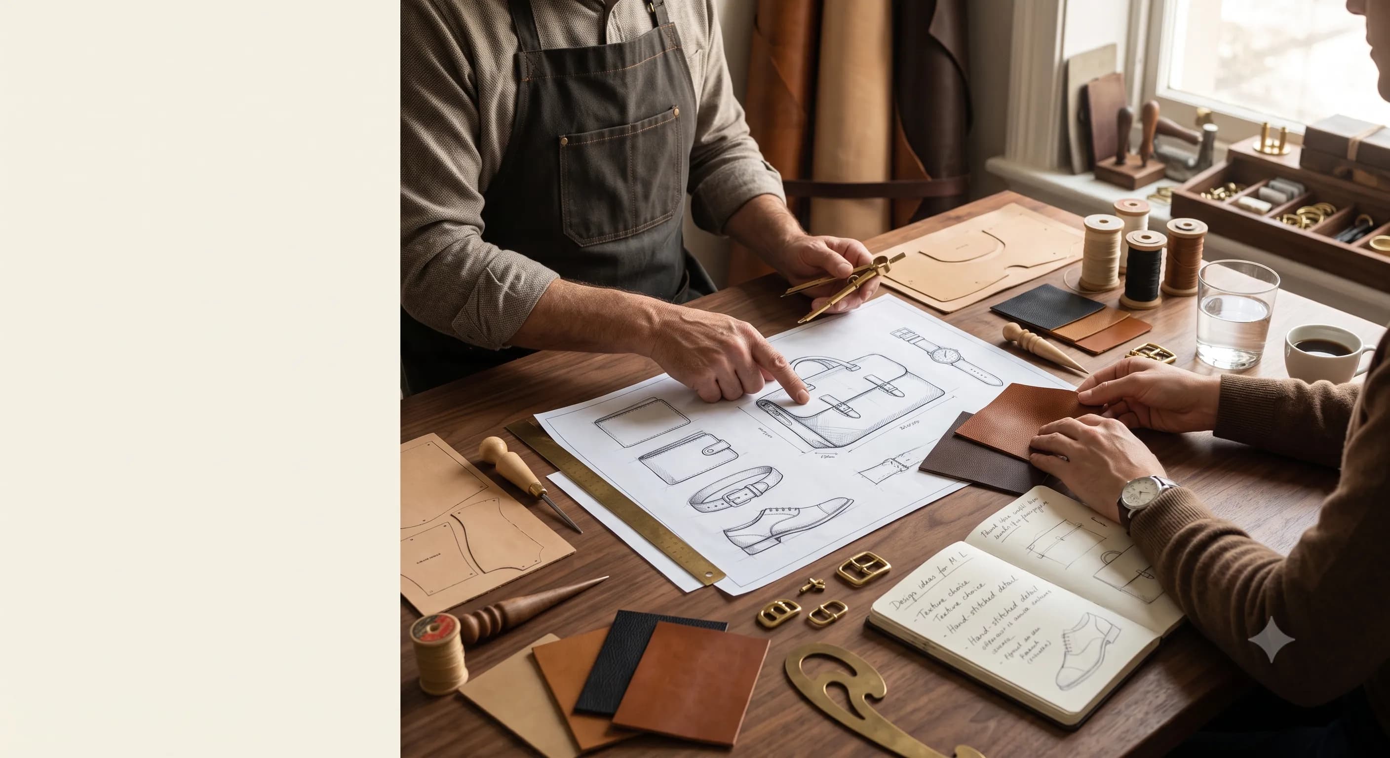 Sketching leather designs in a notebook