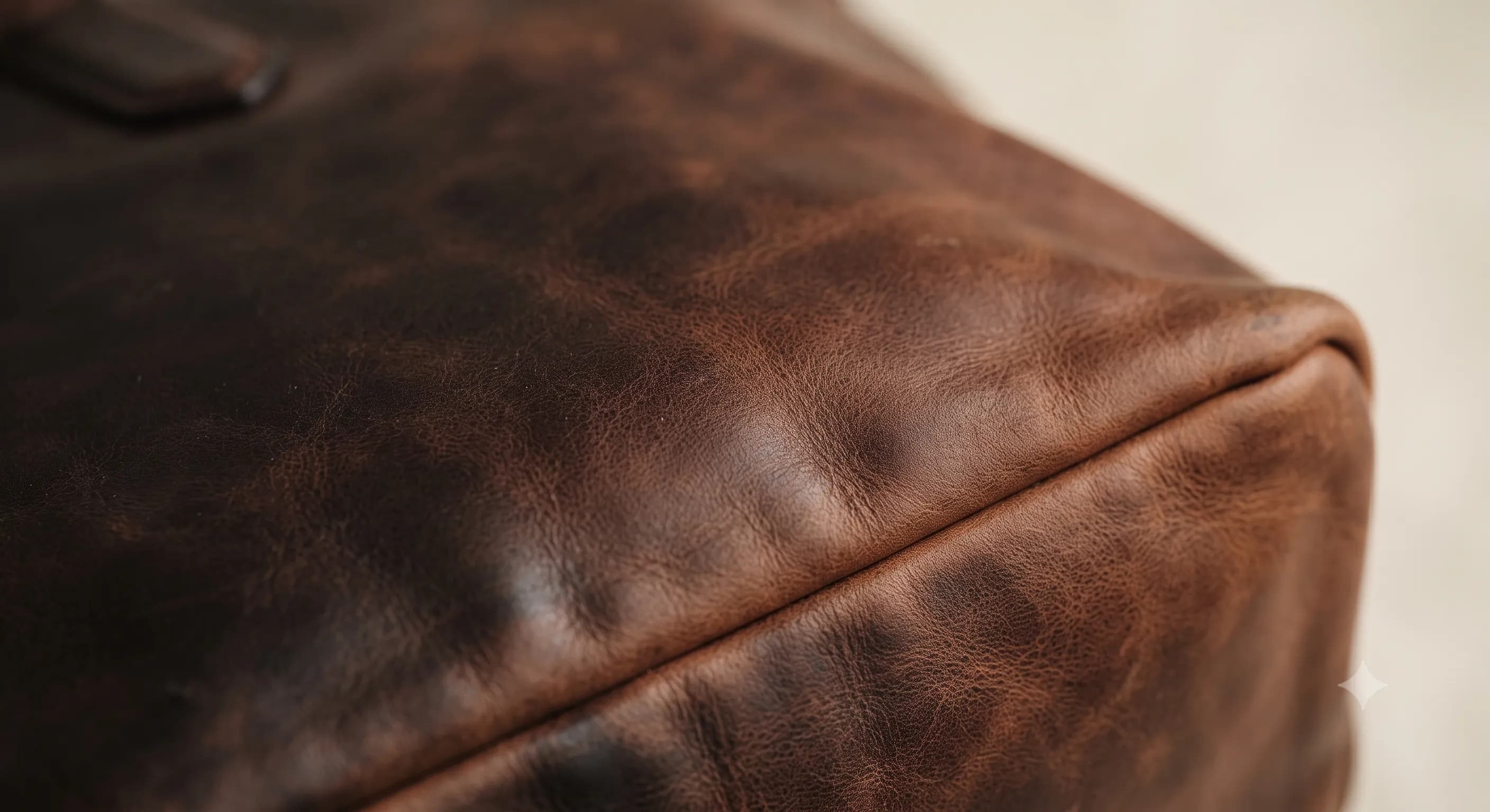 Naturally aged leather displaying rich patina and softened surface.