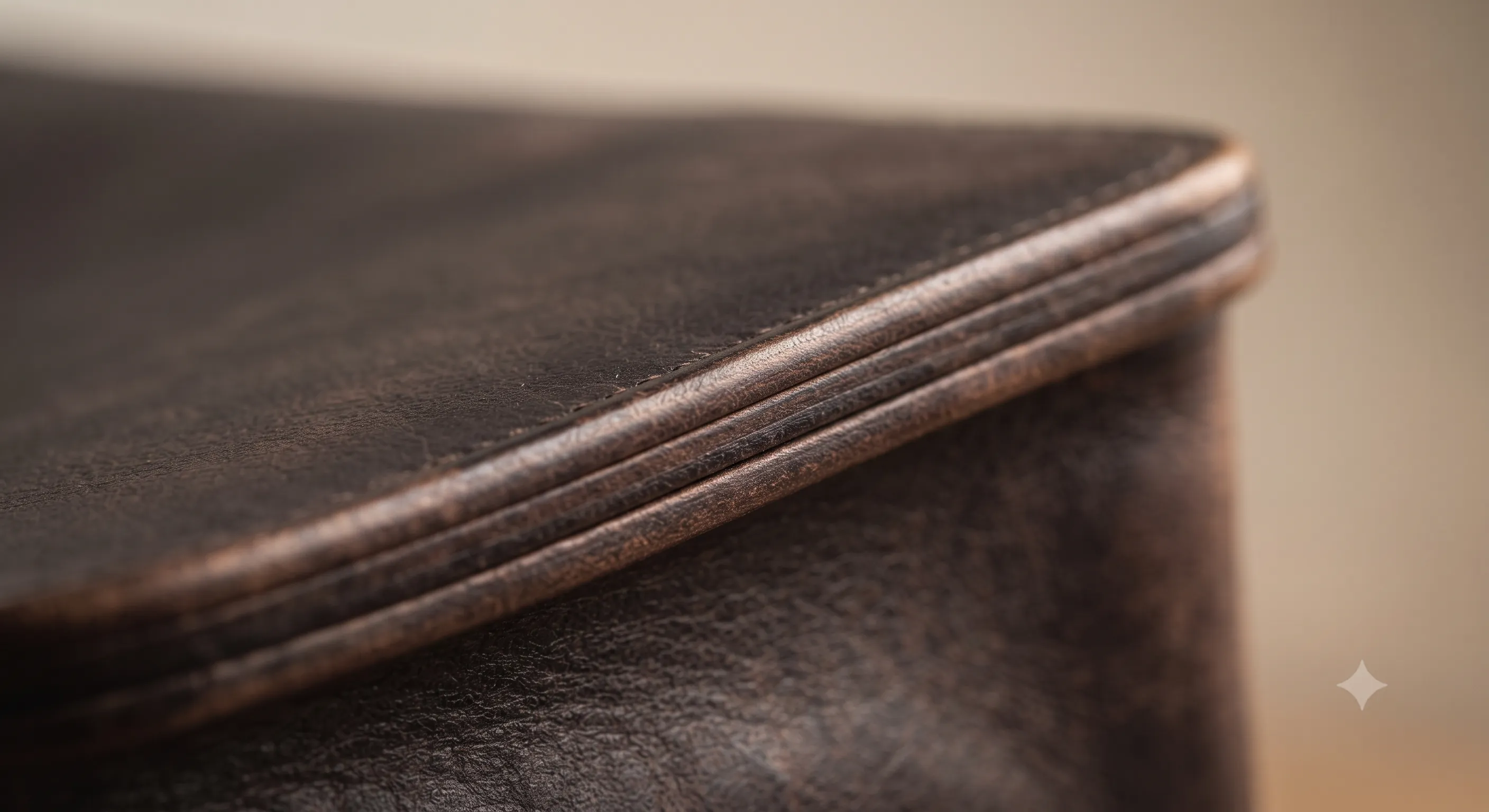 Close-up of a softened leather edge showing layered construction.