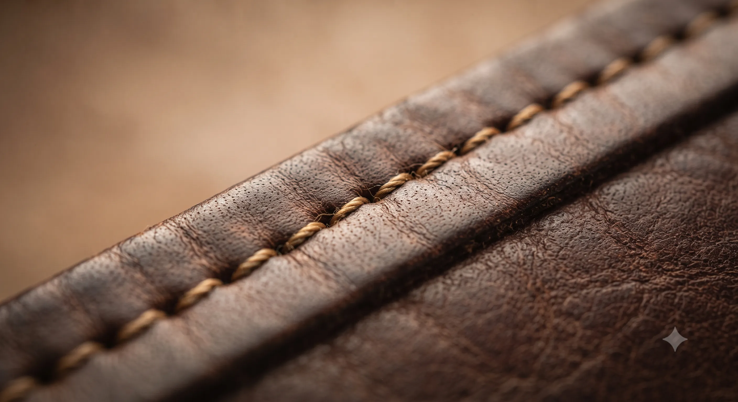 Macro view of stitching joining leather panels.