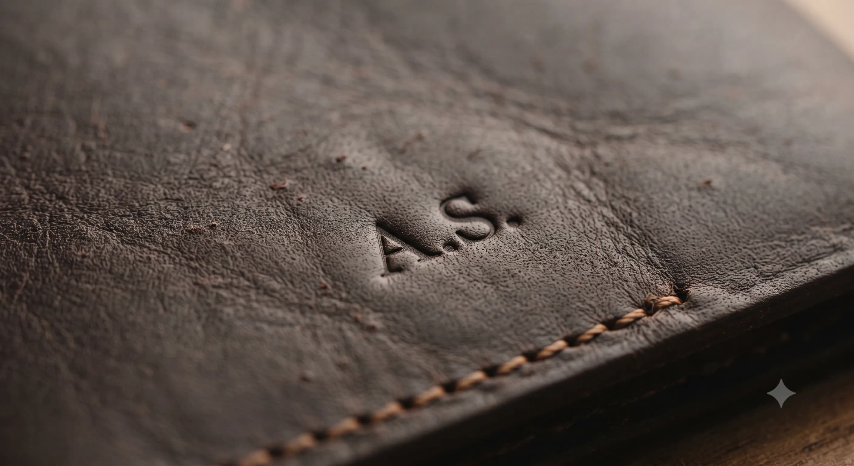 Close-up of subtle blind embossing on handcrafted leather