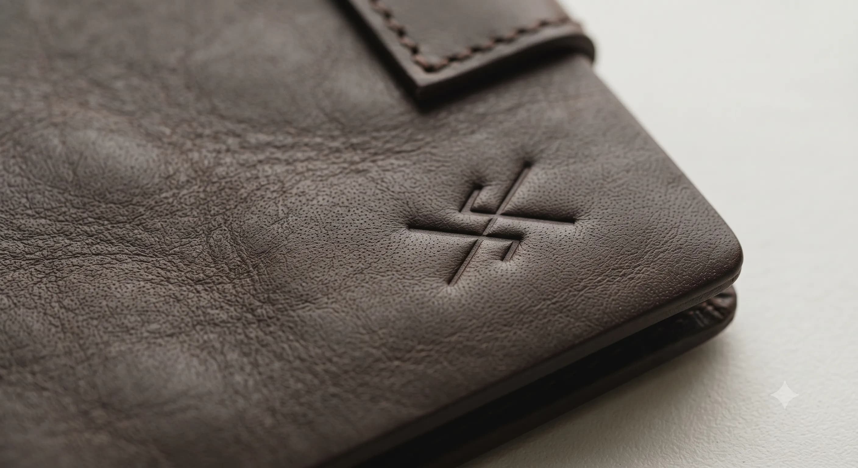 Close-up of a handcrafted leather piece with a subtle brand mark integrated into the surface