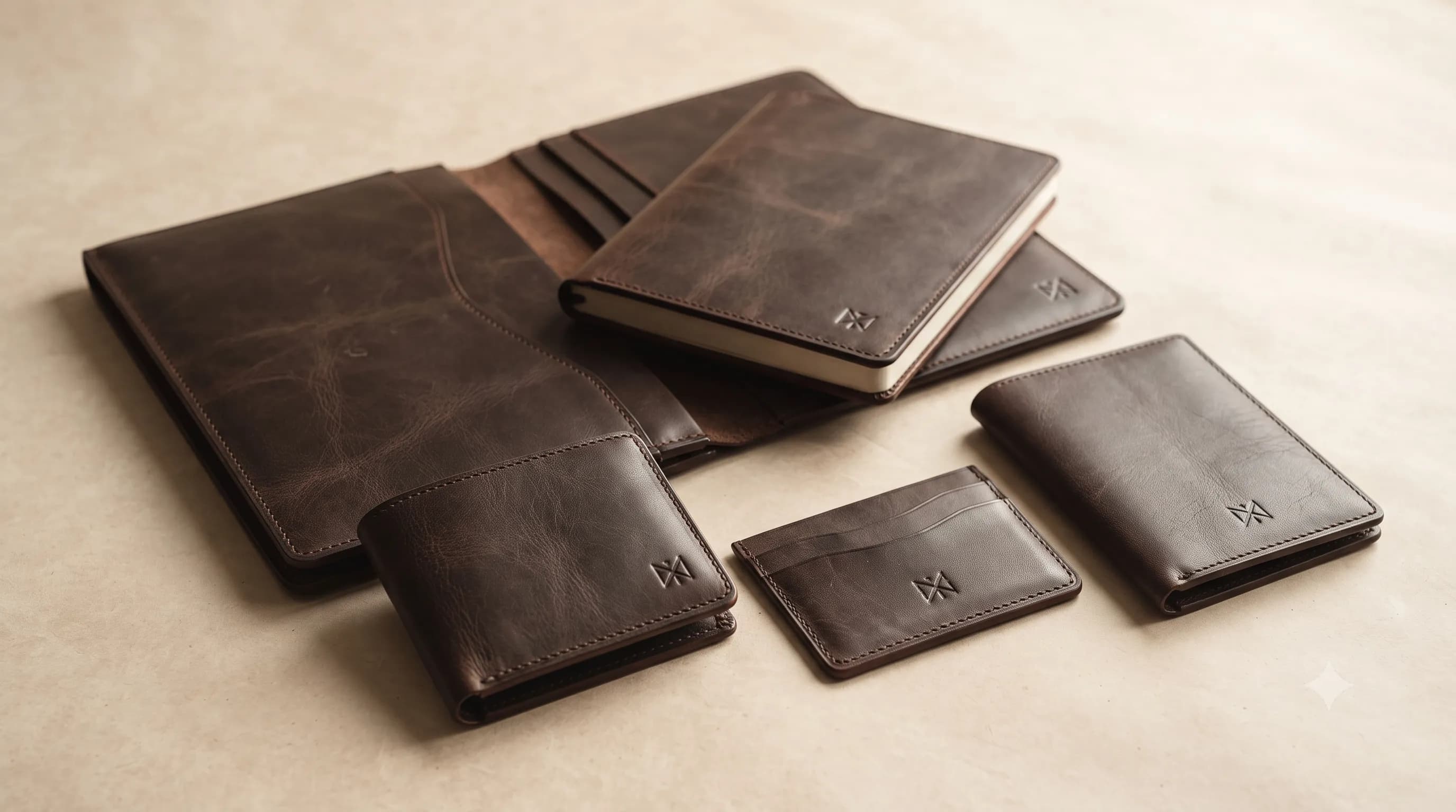 Curated collection of handcrafted leather accessories created with a shared personalisation language