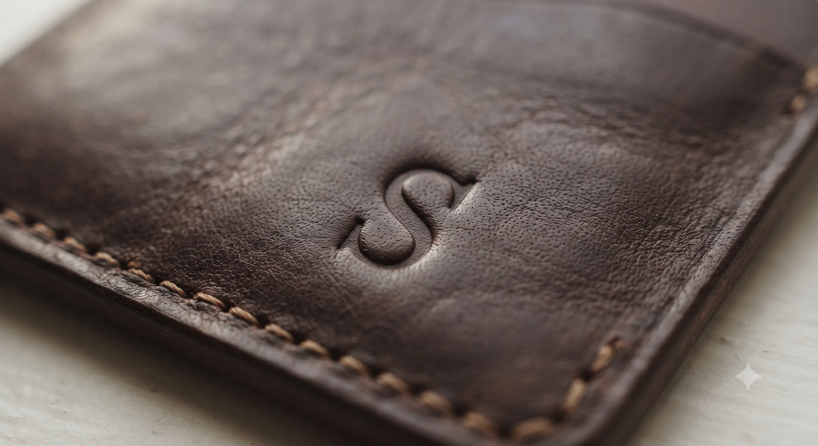 Close-up of subtle initials embossed into handcrafted leather