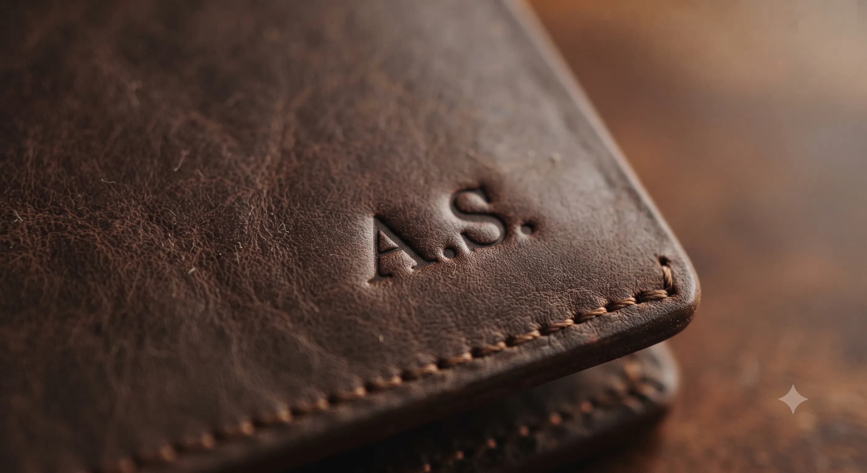 Close-up of a handcrafted leather piece with subtle personalised embossing