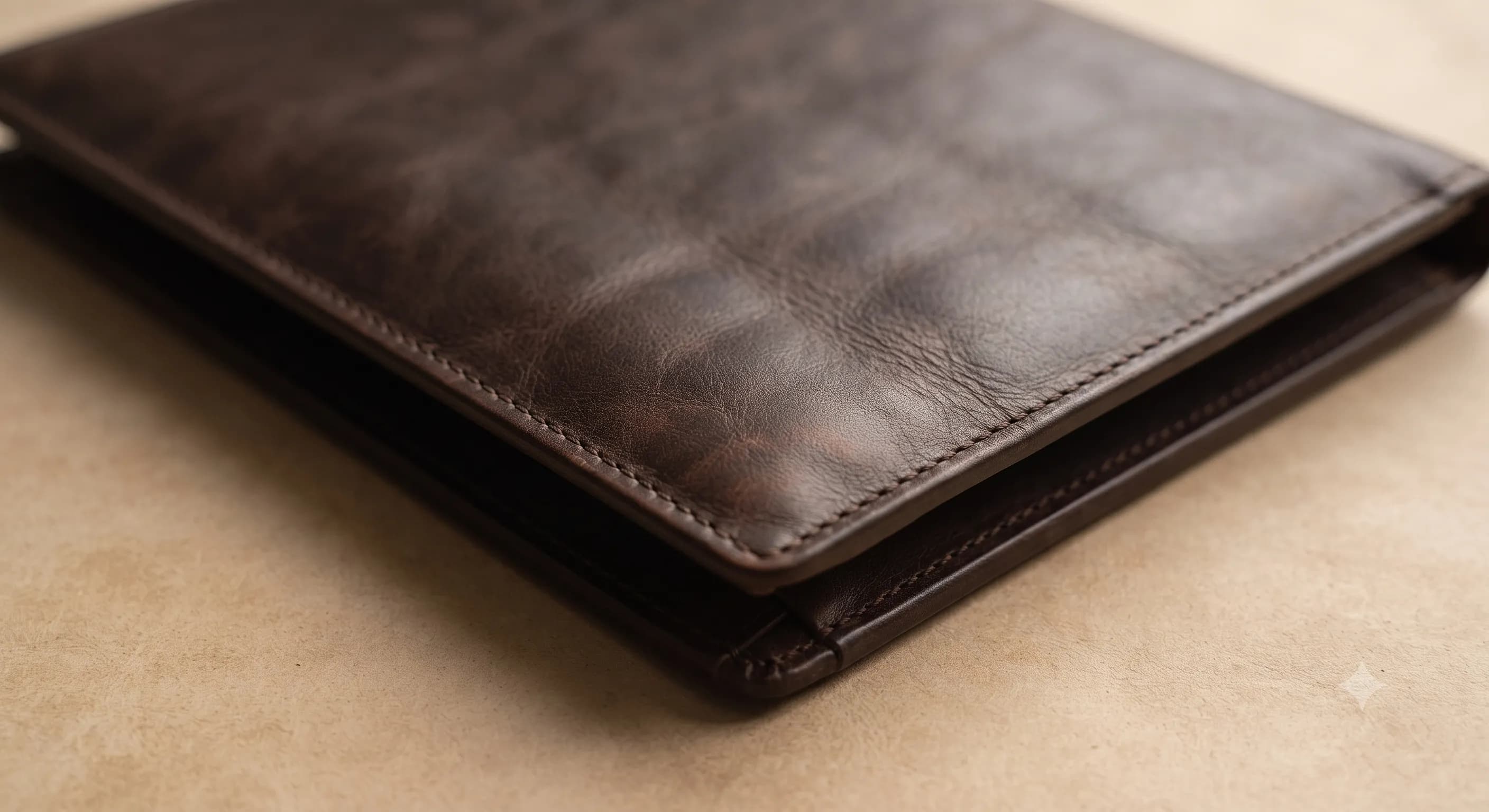Close-up of an unmarked handcrafted leather piece showing natural grain and refined stitching