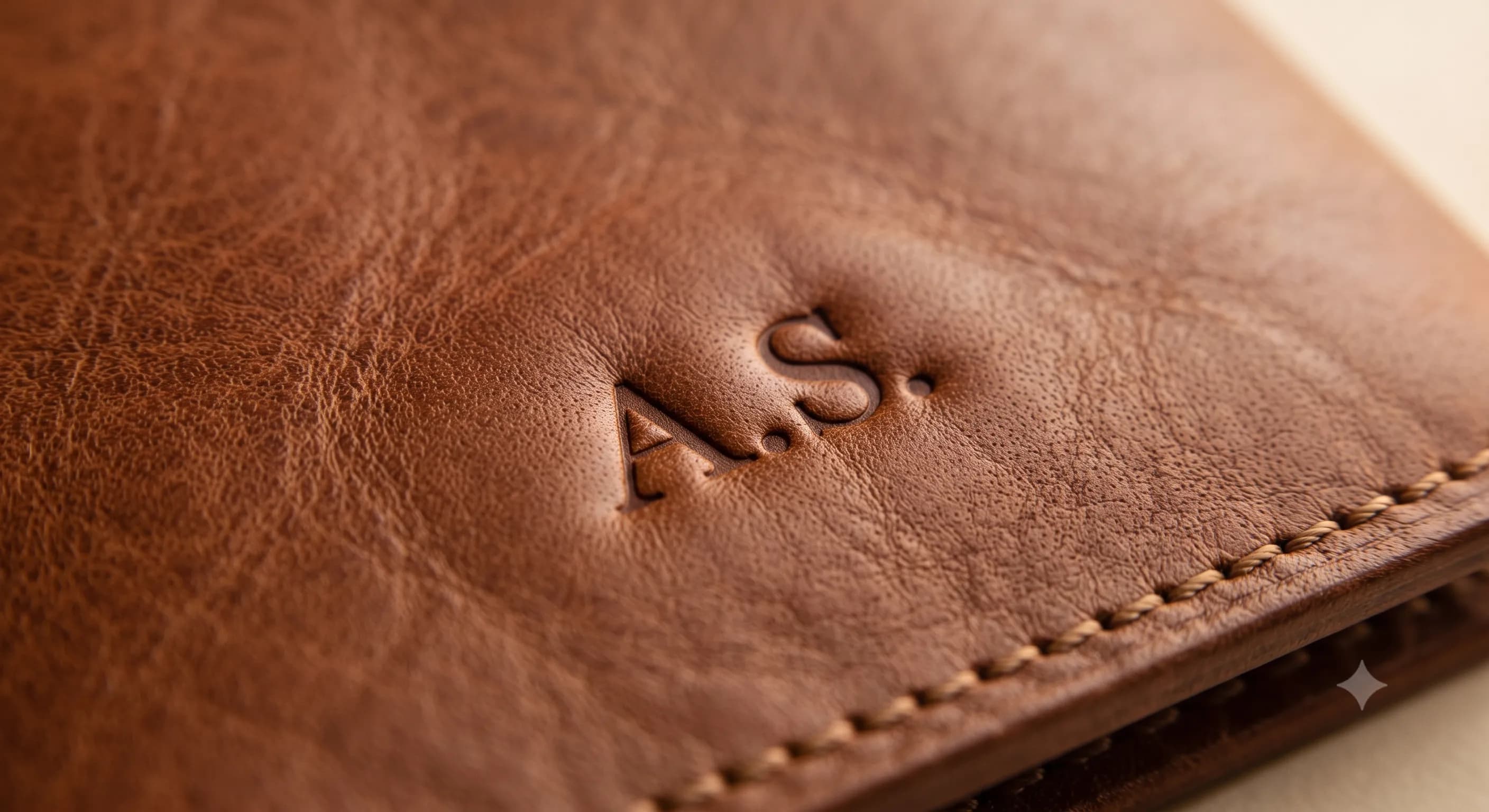 Close-up of cognac handcrafted leather with subtle personalisation