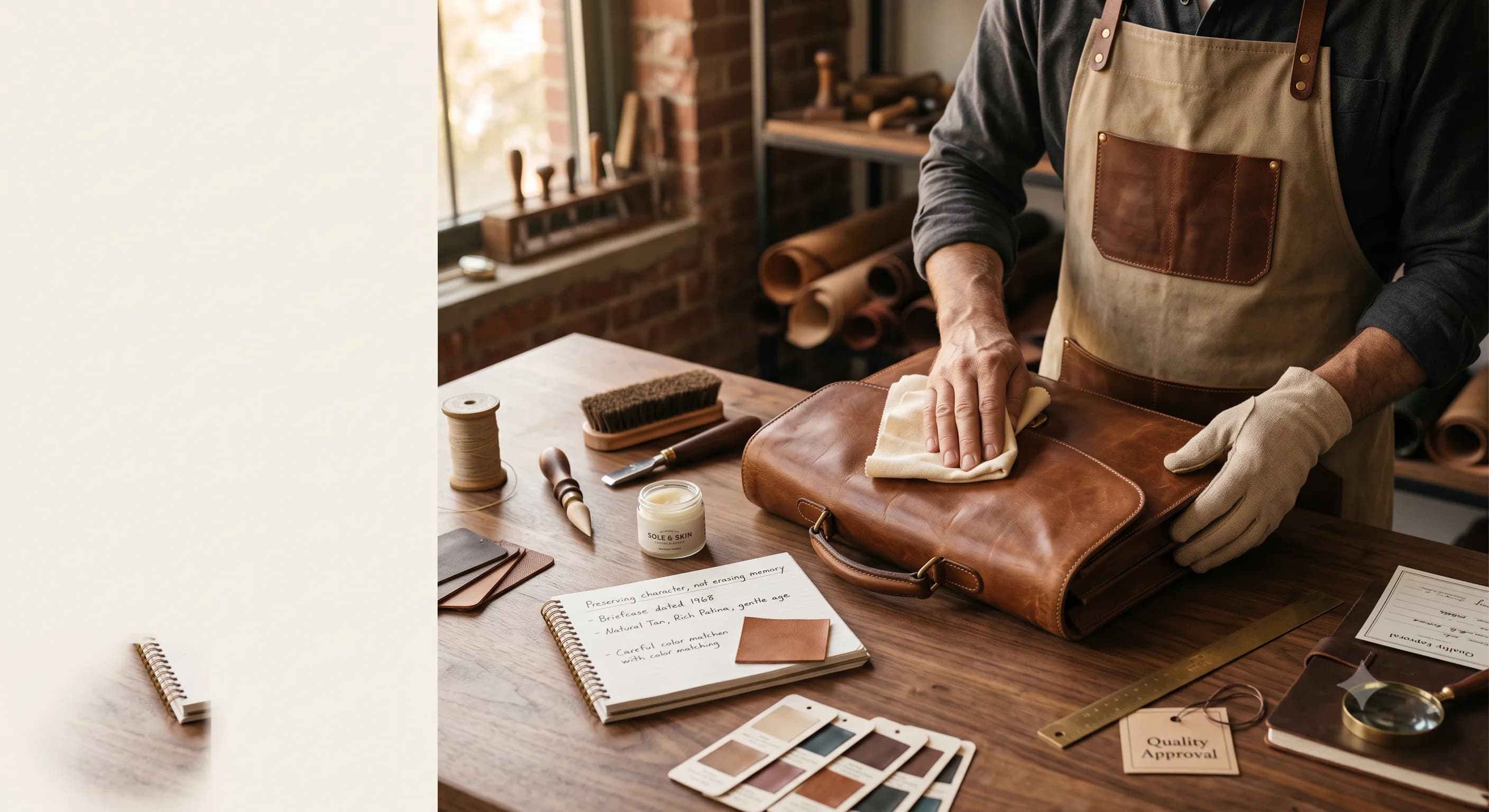 Artisan restoring vintage leather