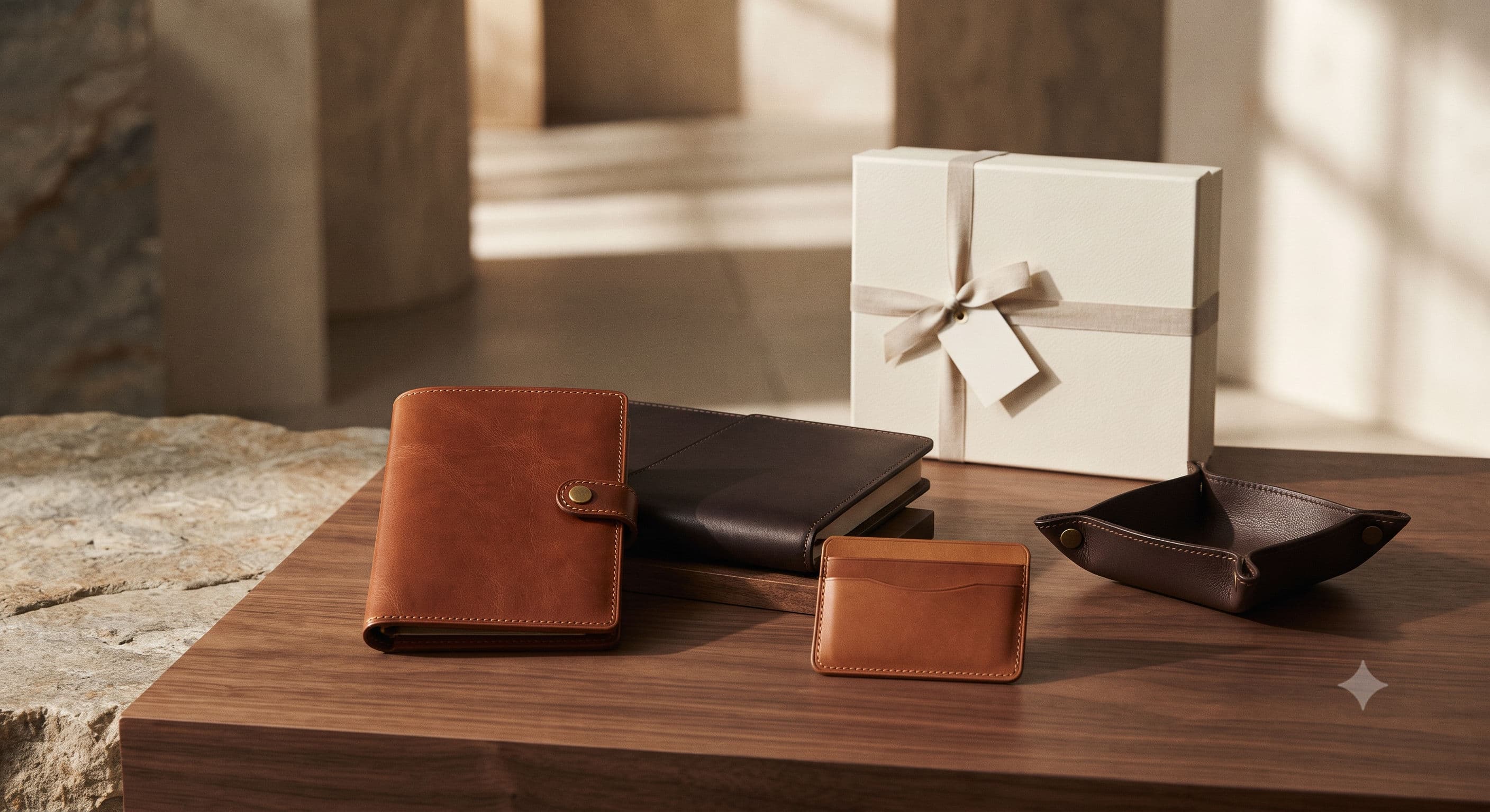 Handcrafted leather pieces prepared for a considered corporate gift